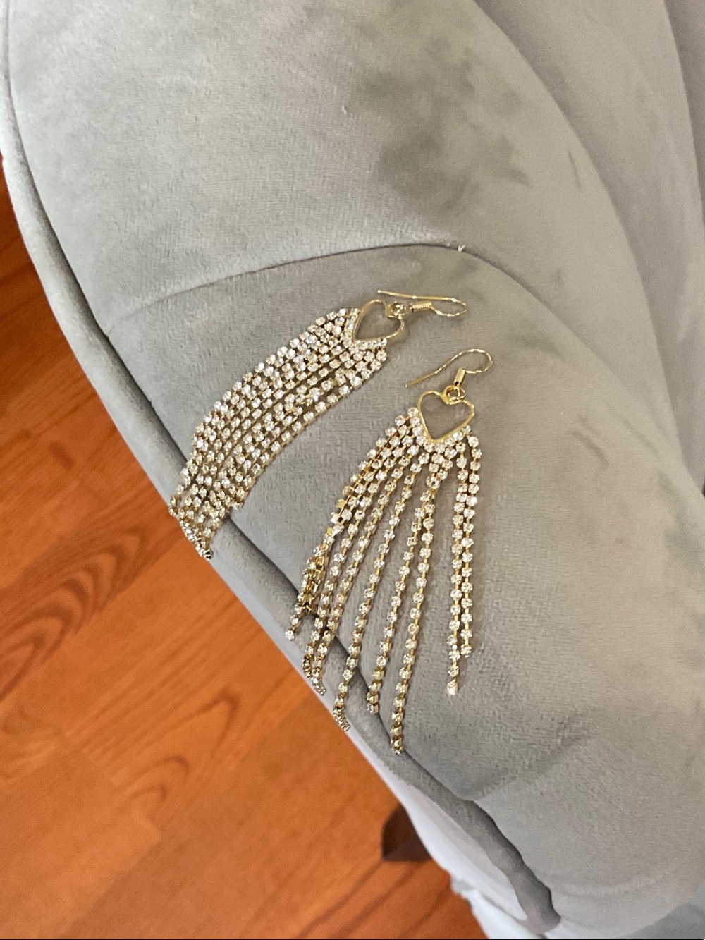 Gold Heart Tassel Rhinestone Earrings - Unbranded